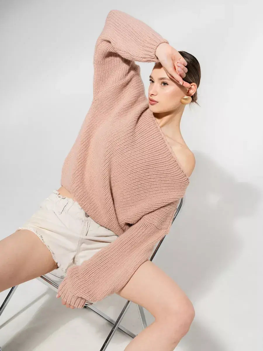 Rosea Sweater by Lauven — Oversized off-shoulder knit in delicate powder pink, perfect for fall styling.