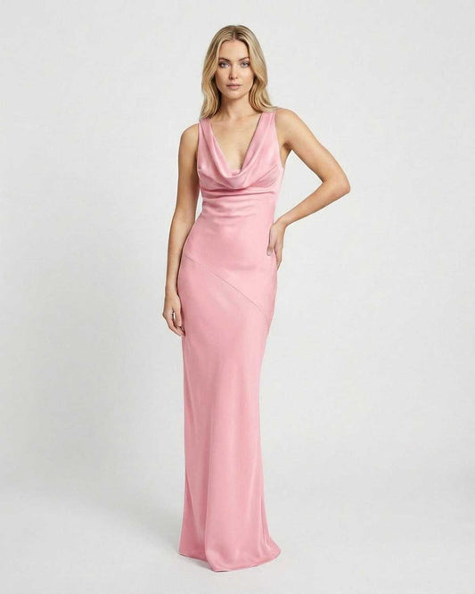 Roselle Maxi Dress by Lauven - Satin-effect cowl neck sleeveless floor-length dress in soft pink.