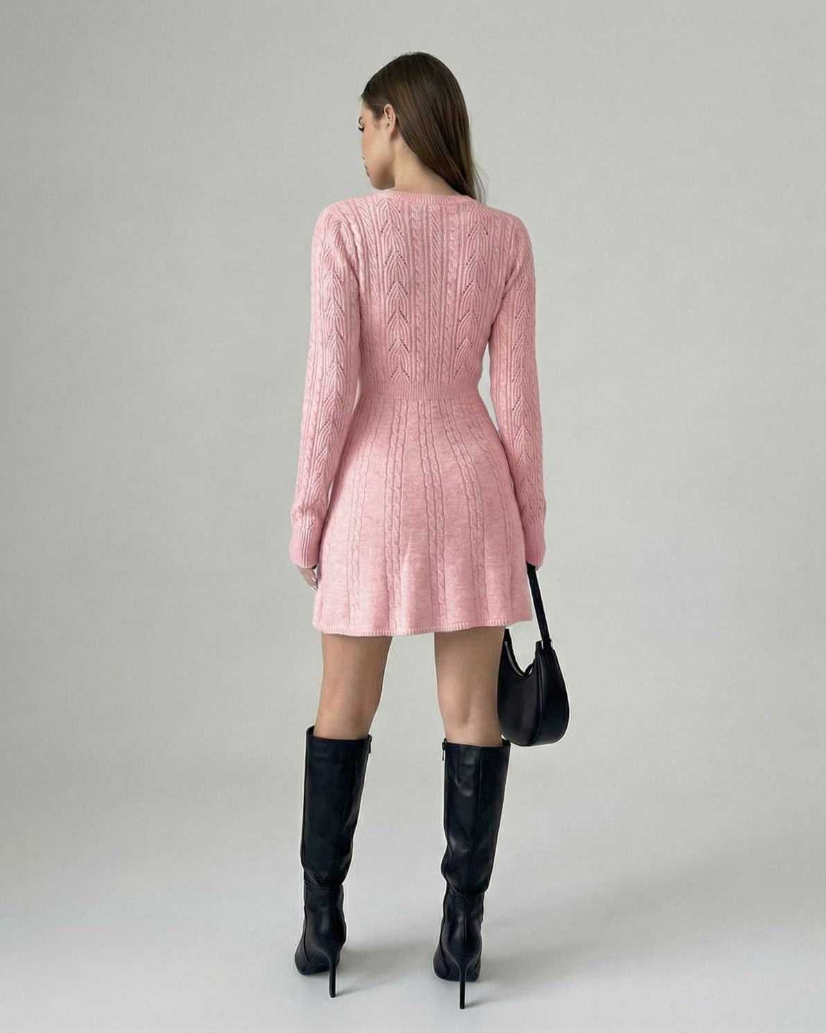 Roselle Mini Dress by Lauven - Long sleeve knit mini dress in soft pink with bow detail and a fitted silhouette.