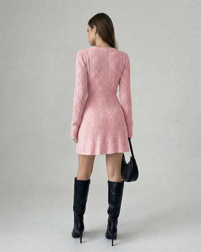 Roselle Mini Dress by Lauven - Long sleeve knit mini dress in soft pink with bow detail and a fitted silhouette.