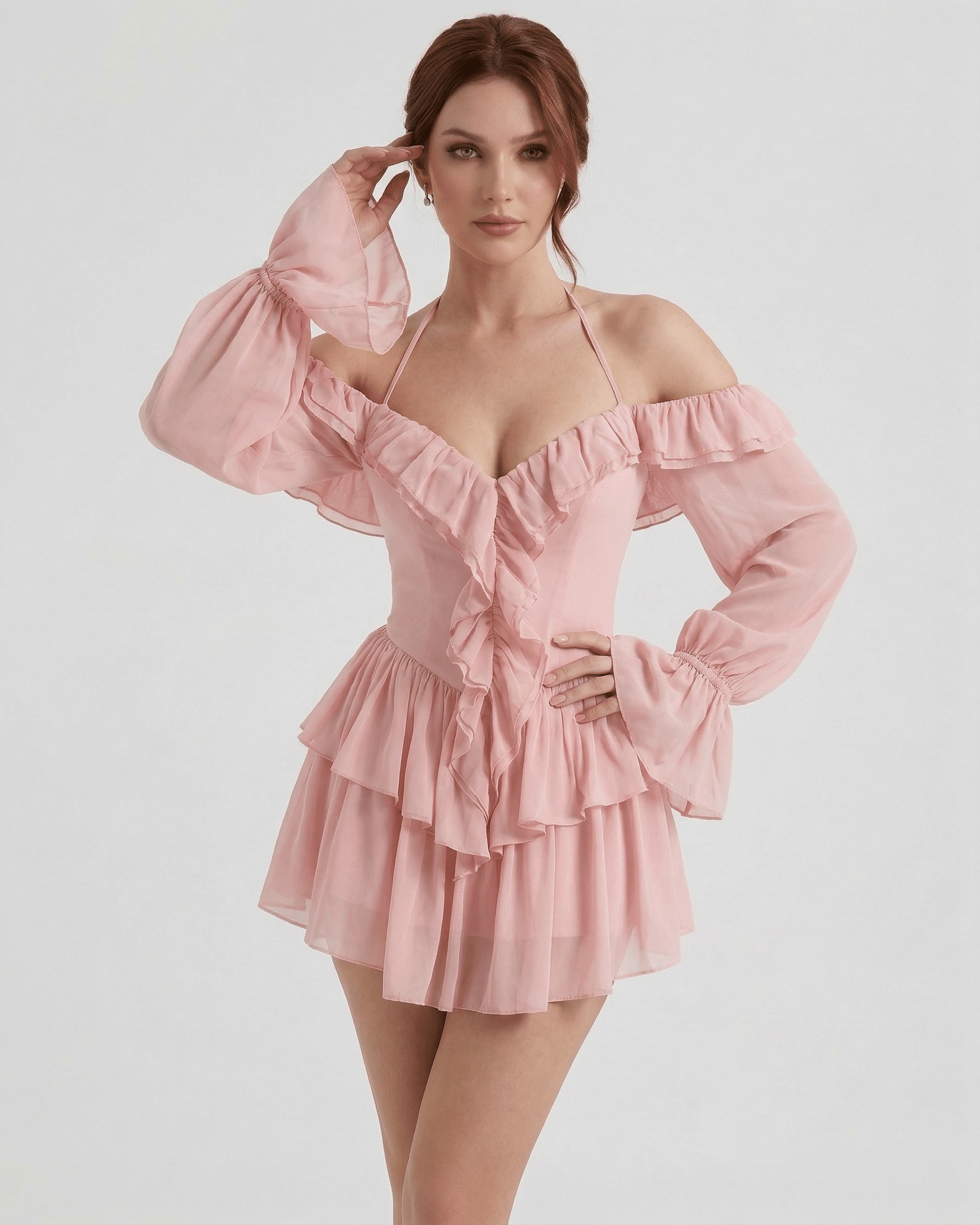 Roselle Mini Dress by Lauven – Pink Ruffle Halter Mini Dress with Sheer Sleeves