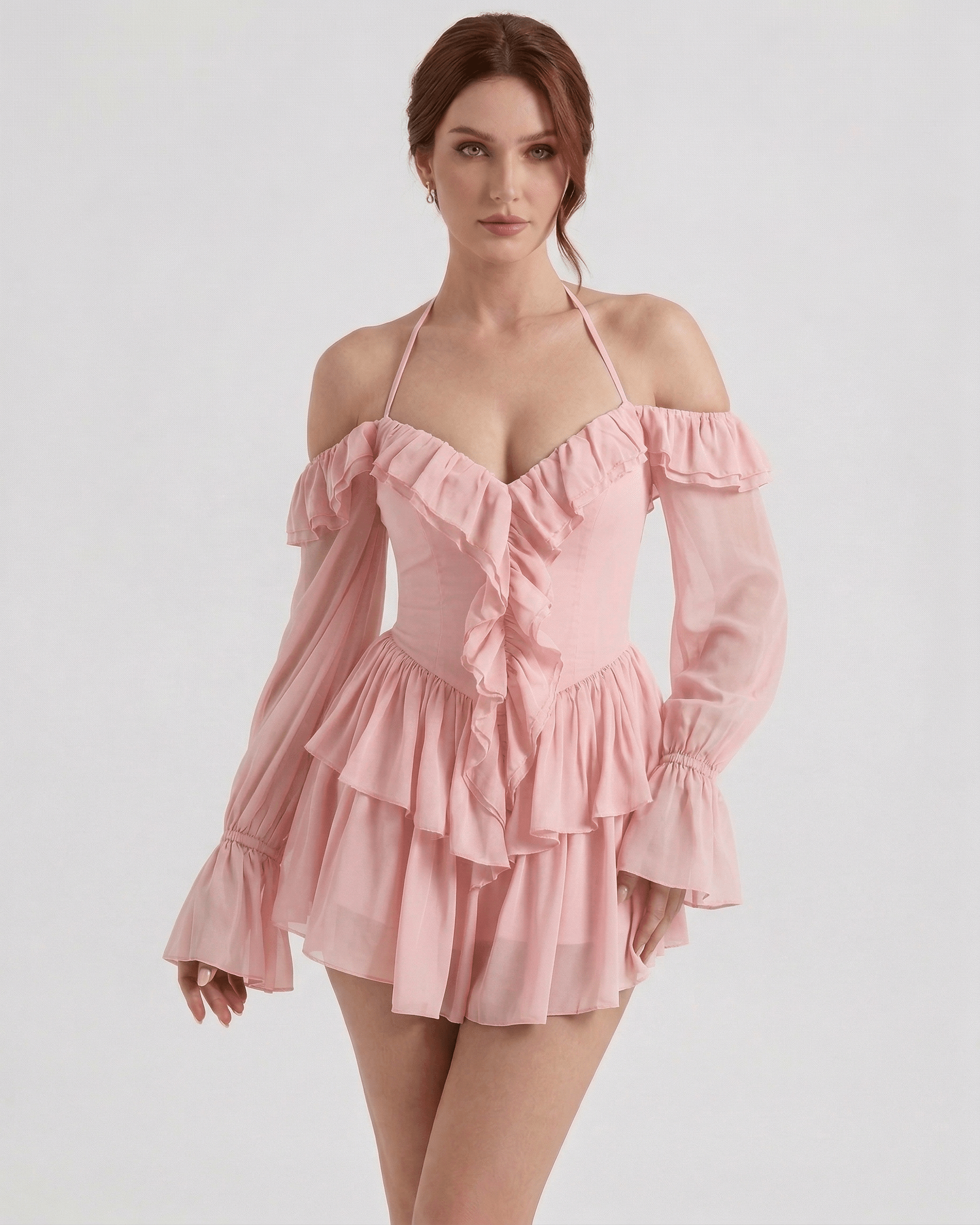 Roselle Mini Dress by Lauven - Pink Ruffle Halter Mini Dress with Sheer Sleeves and Off-Shoulder Design.