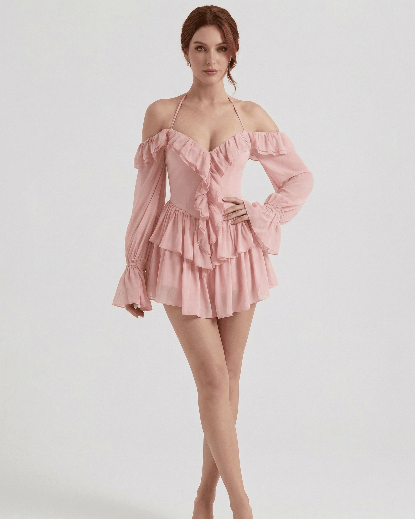 Roselle Mini Dress by Lauven - Pink Ruffle Halter Mini Dress with Sheer Sleeves and Off-Shoulder Design.