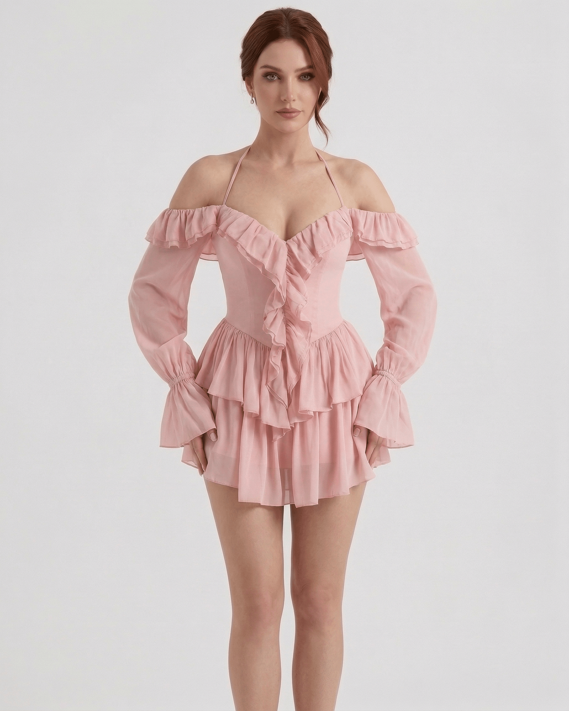 Roselle Mini Dress by Lauven – Pink Ruffle Halter Mini Dress with Sheer Sleeves and Off-Shoulder Design.