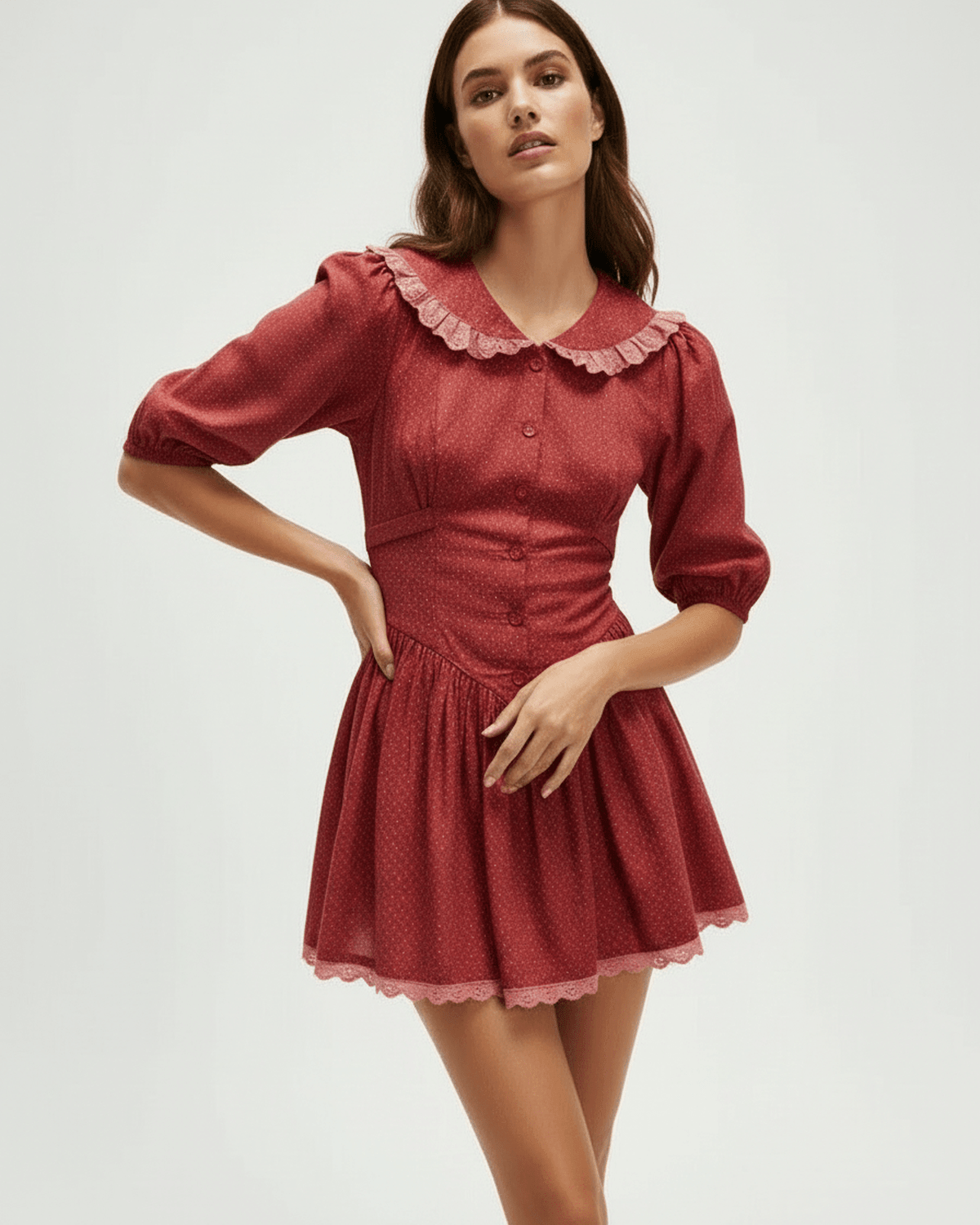 Lauven Rosette Mini Dress featuring Peter Pan collar and puff sleeves in a stylish design.