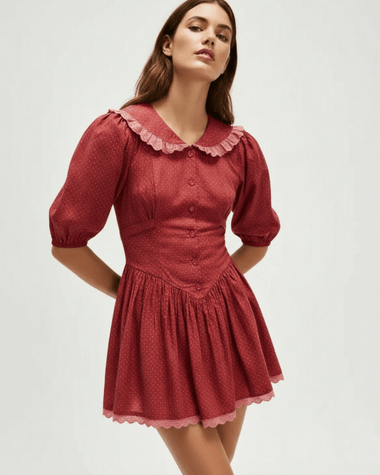 Rosette Mini Dress by Lauven with Peter Pan collar, puff sleeves, and delicate ruching details in red fabric.