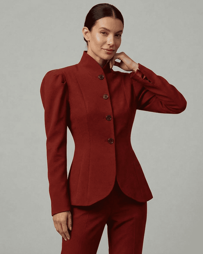 Rougeon Blazer by Lauven features a stand collar and puff sleeves in elegant red, perfect for sophisticated workwear.