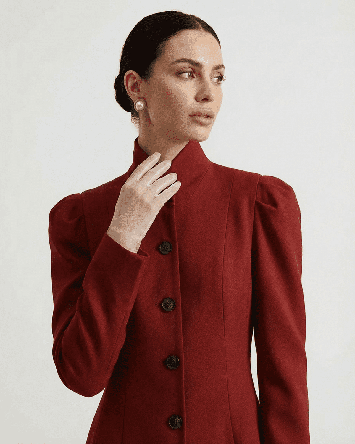 Rougeon Blazer by Lauven, featuring a stand collar and structured puff sleeves in elegant red.