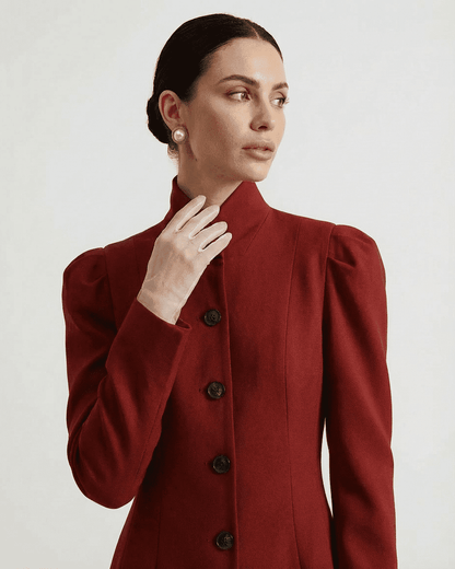 Rougeon Blazer by Lauven, featuring a stand collar and structured puff sleeves in elegant red.