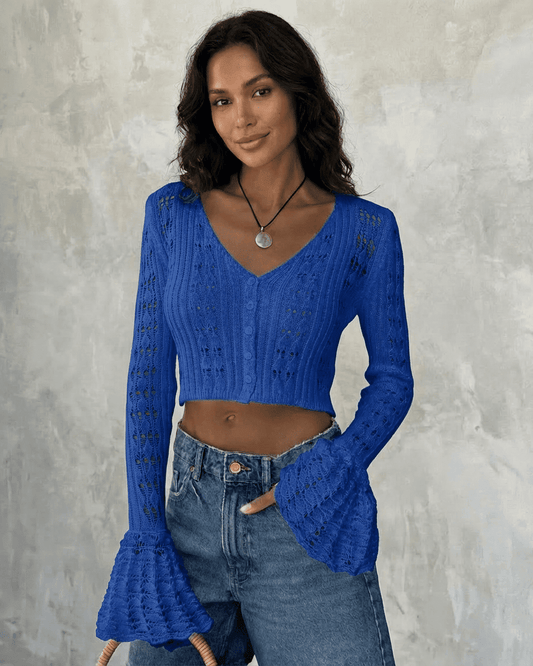 Royal Cardigan by Lauven, cropped cotton knit with flare sleeves, showcasing vibrant blue color and intricate hollow-out detailing.