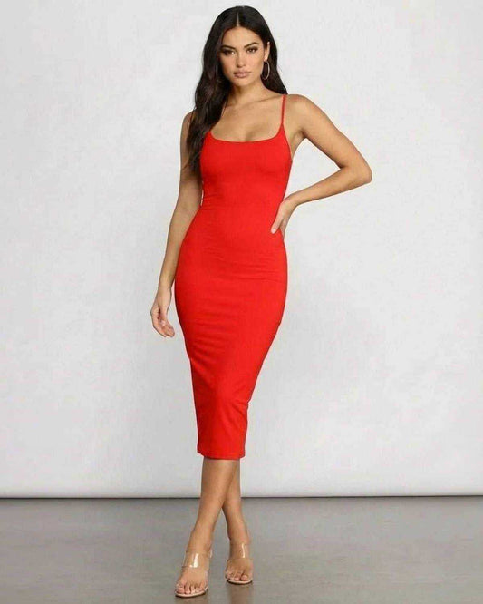Ruby Midi Dress by Lauven, a bold red knit dress featuring a curve-hugging fit and sleek design.