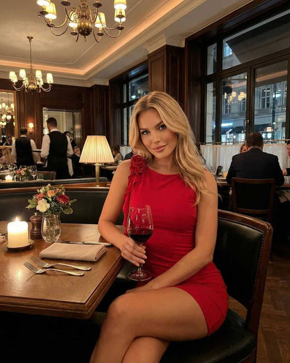 Ruby Mini Dress by Lauven, bold red sleeveless bodycon with ruffle detail, perfect for summer evening occasions.