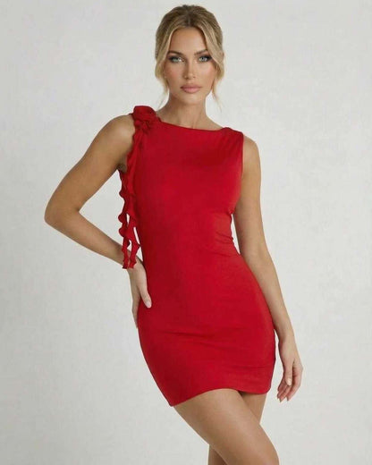 Ruby Mini Dress by Lauven in bold red, sleeveless bodycon with ruffle detail, perfect for summer and evening occasions.