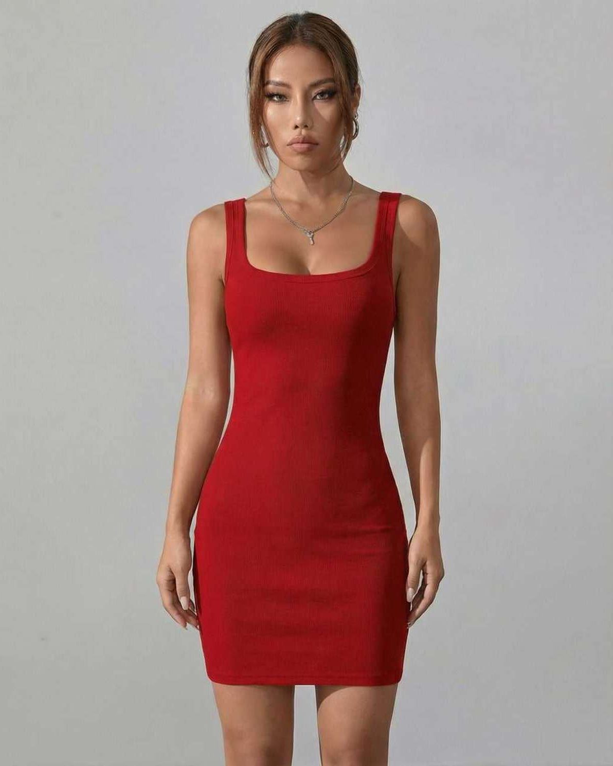 Ruby Mini Dress by Lauven in a classic red ribbed knit, featuring a bodycon silhouette and square neckline.