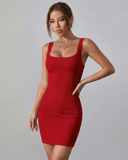 Ruby Mini Dress by Lauven in classic red ribbed knit, showcasing a bodycon silhouette and square neckline.