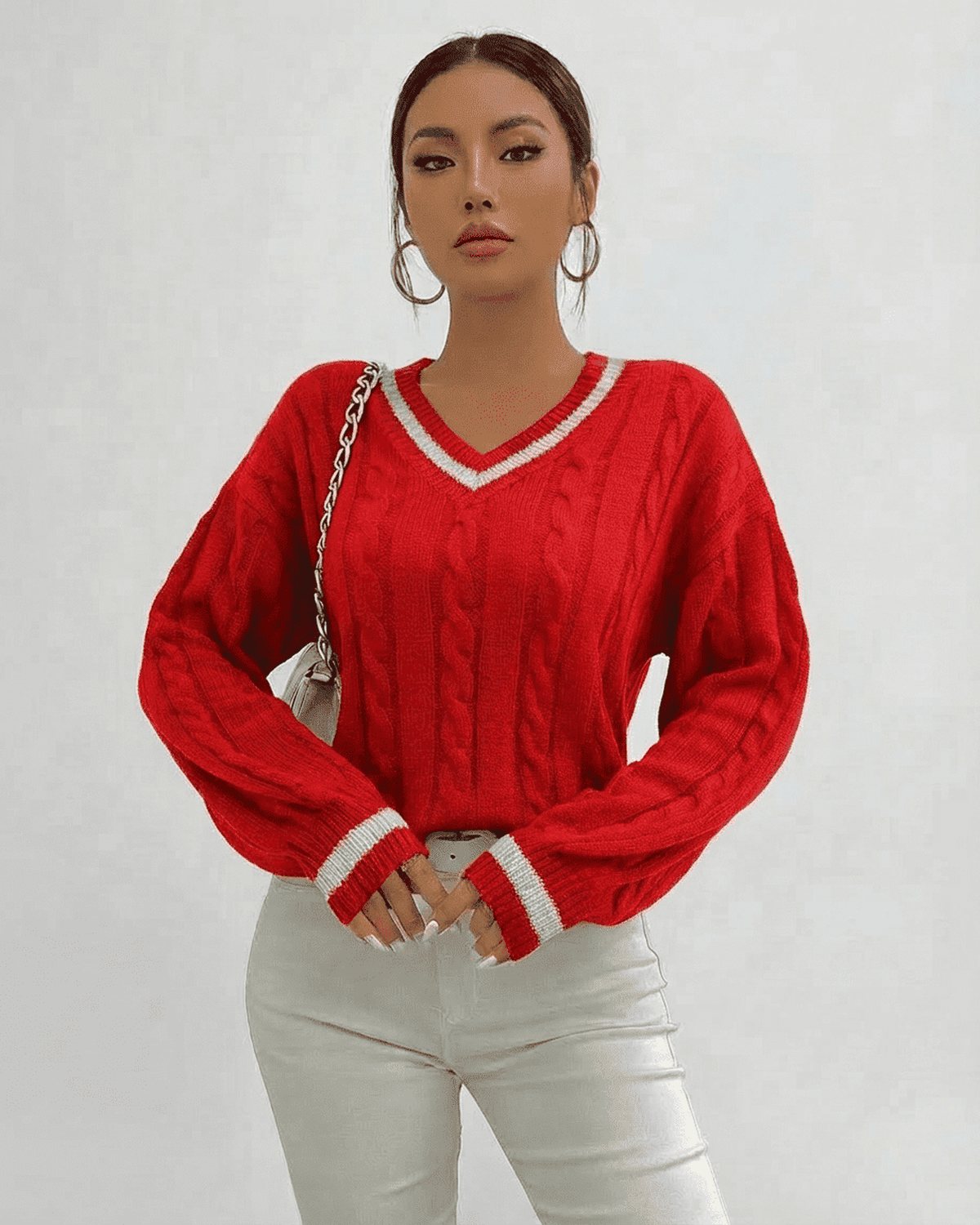 Ruby Sweater by Lauven - Red Cable Knit V-Neck Pullover, perfect for fall and winter.