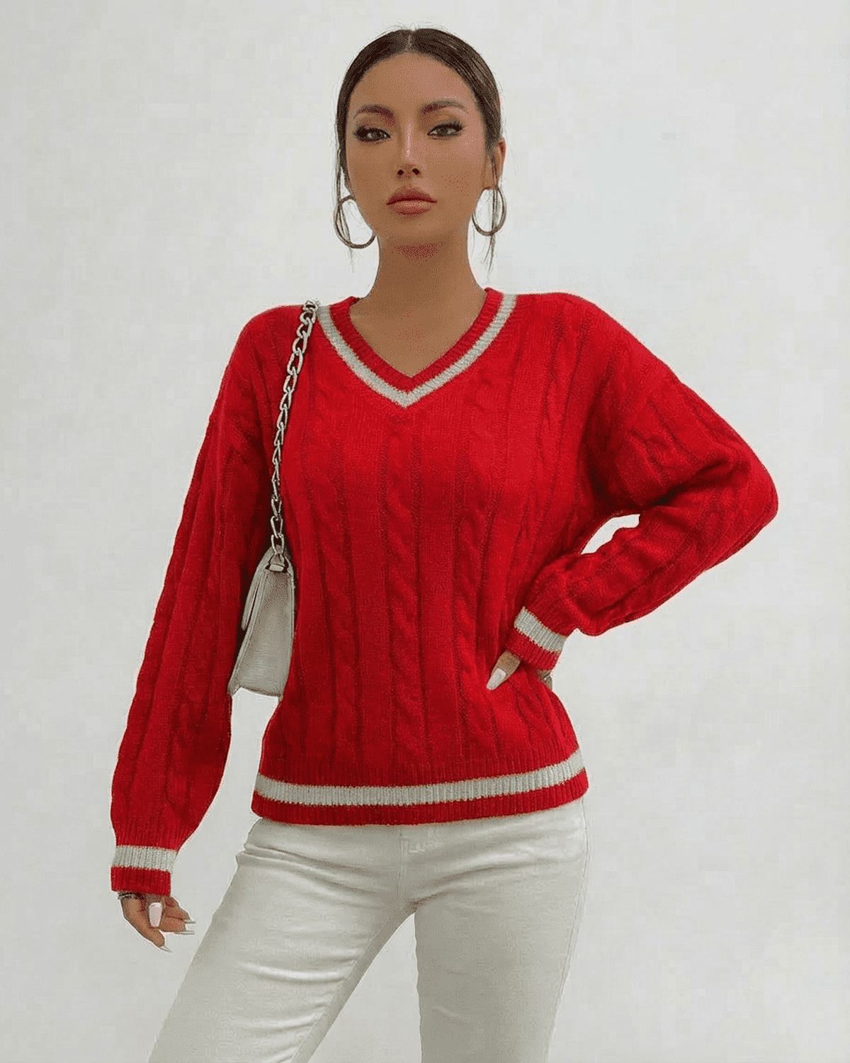 Ruby Sweater by Lauven – Red cable knit V-neck pullover ideal for fall and winter styling.