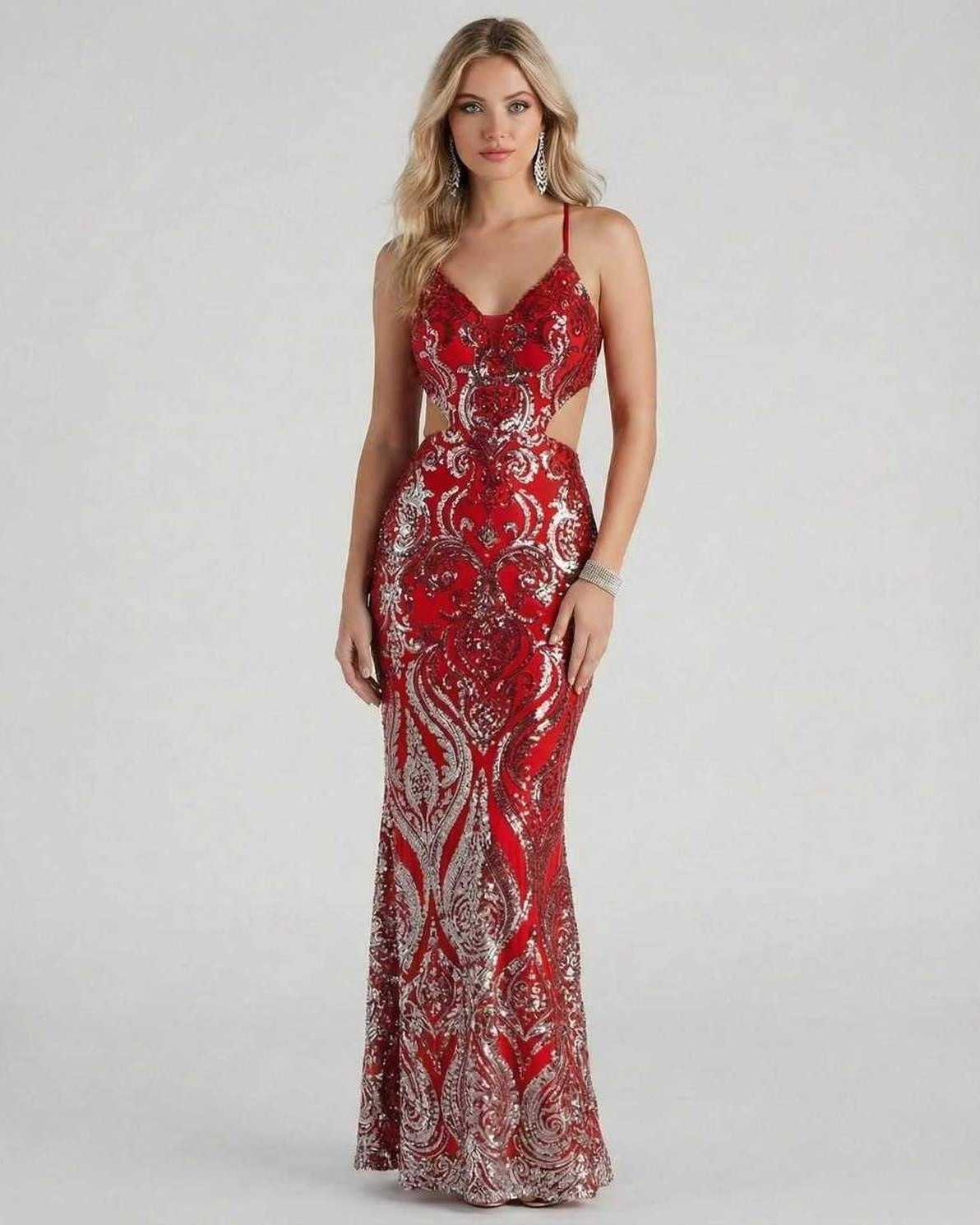Rubyana Maxi Dress by Lauven, striking red sequin evening gown with mermaid silhouette and V-neckline.