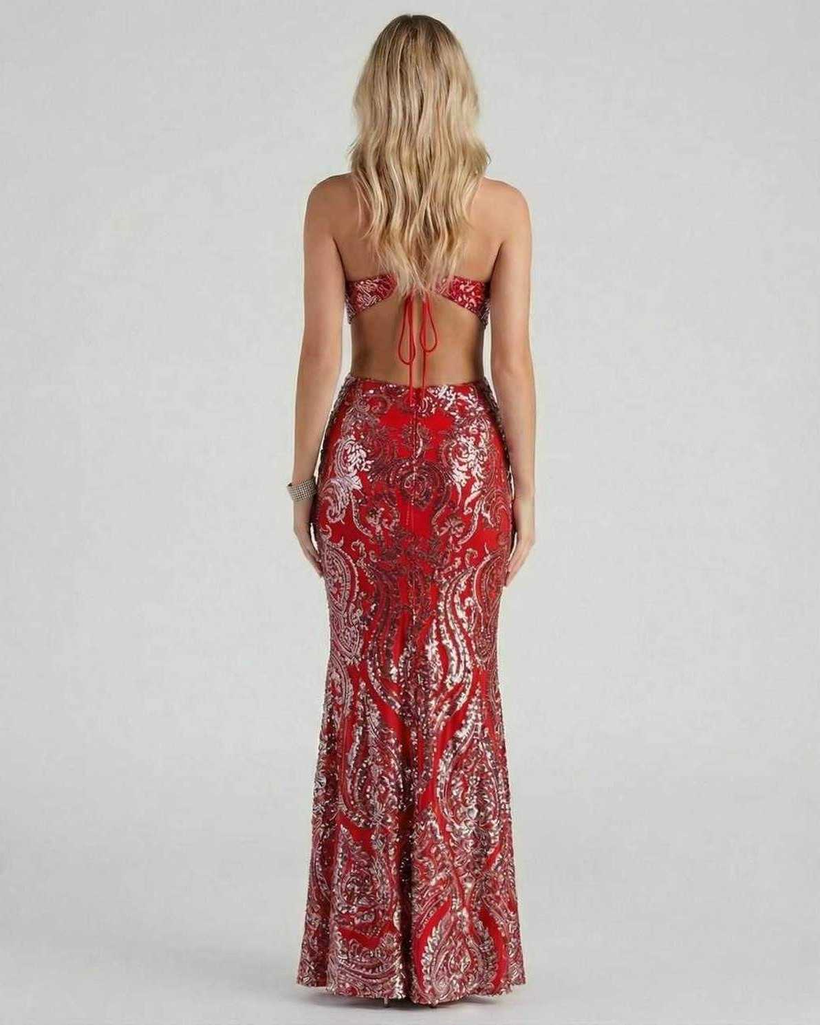 Rubyana Maxi Dress by Lauven - Back view of a striking red sequin evening gown with a mermaid silhouette.