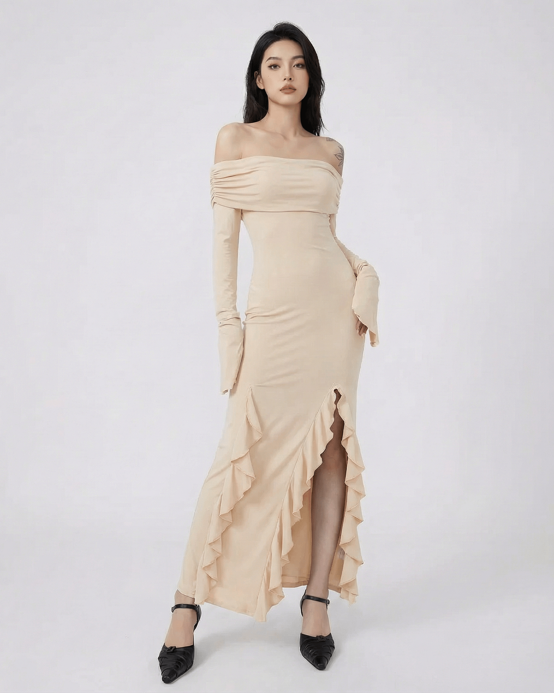 Sable Maxi Dress by Lauven - Off-shoulder and ruffled ankle-length dress with flare sleeves.
