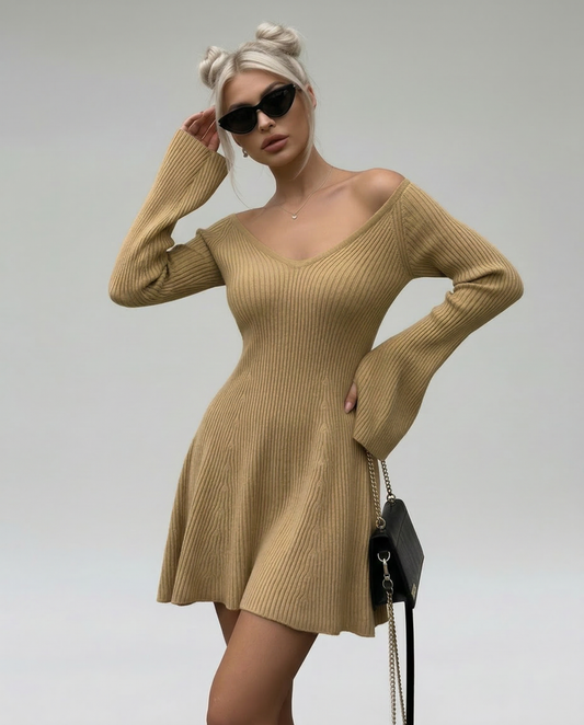 Saffron Mini Dress by Lauven, camel knit with V-neck and flared sleeves, showcasing a stylish A-line silhouette.