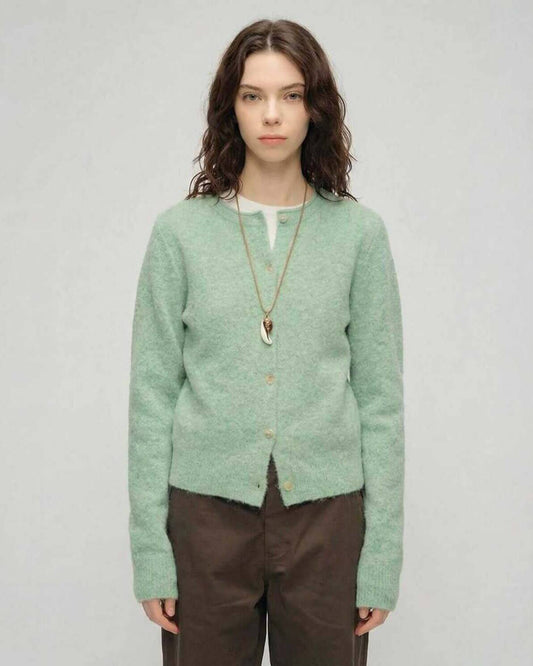 Sage Cardigan by Lauven – Women's green cardigan sweater with round neck and button front.