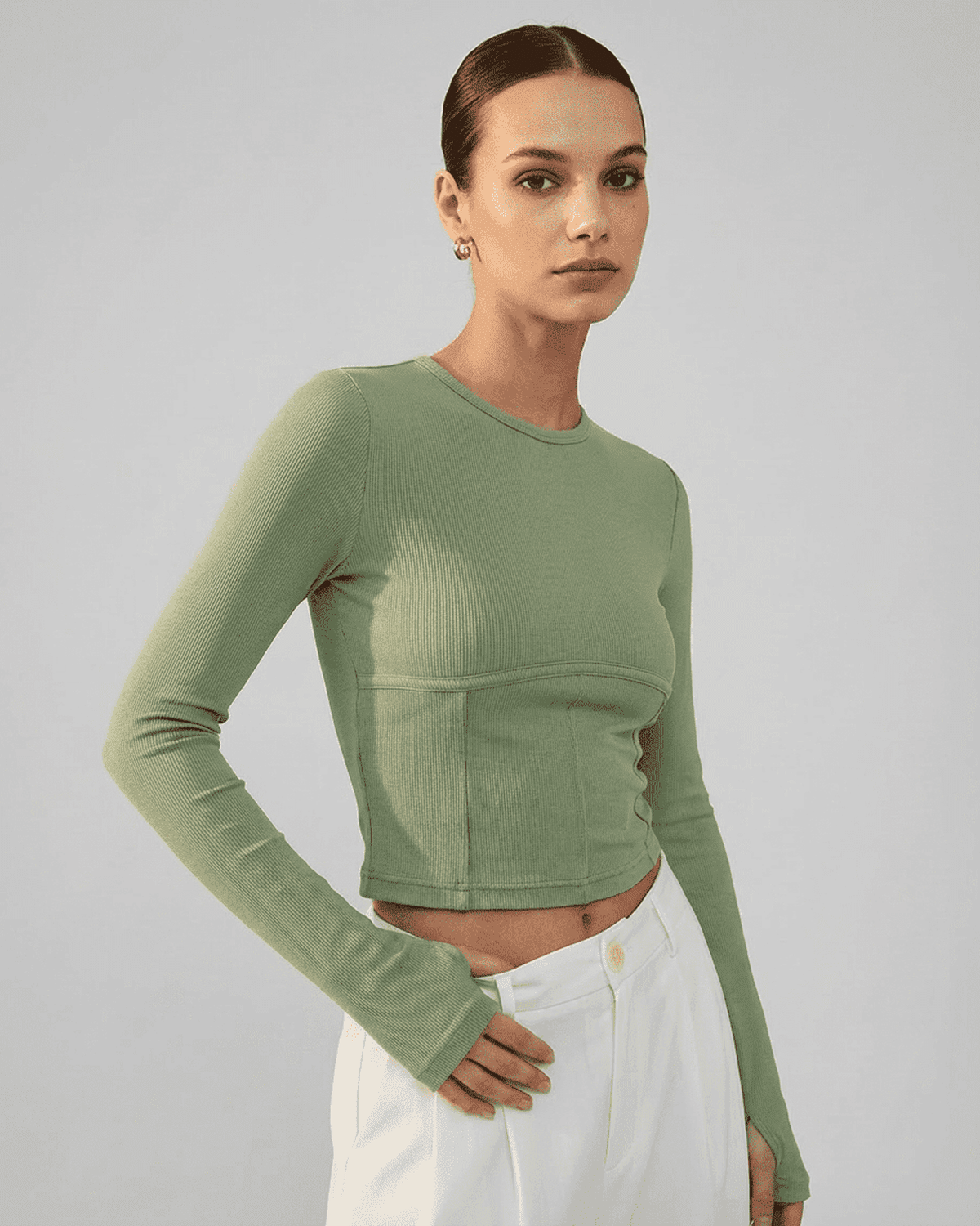 Sage Corset Top by Lauven - Long sleeve jersey crop with clean structure in sage green.
