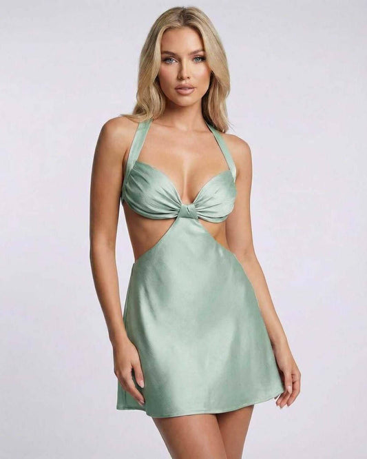 Sage Mini Dress by Lauven in elegant satin with halter neck and cut-out detail in soft sage green.