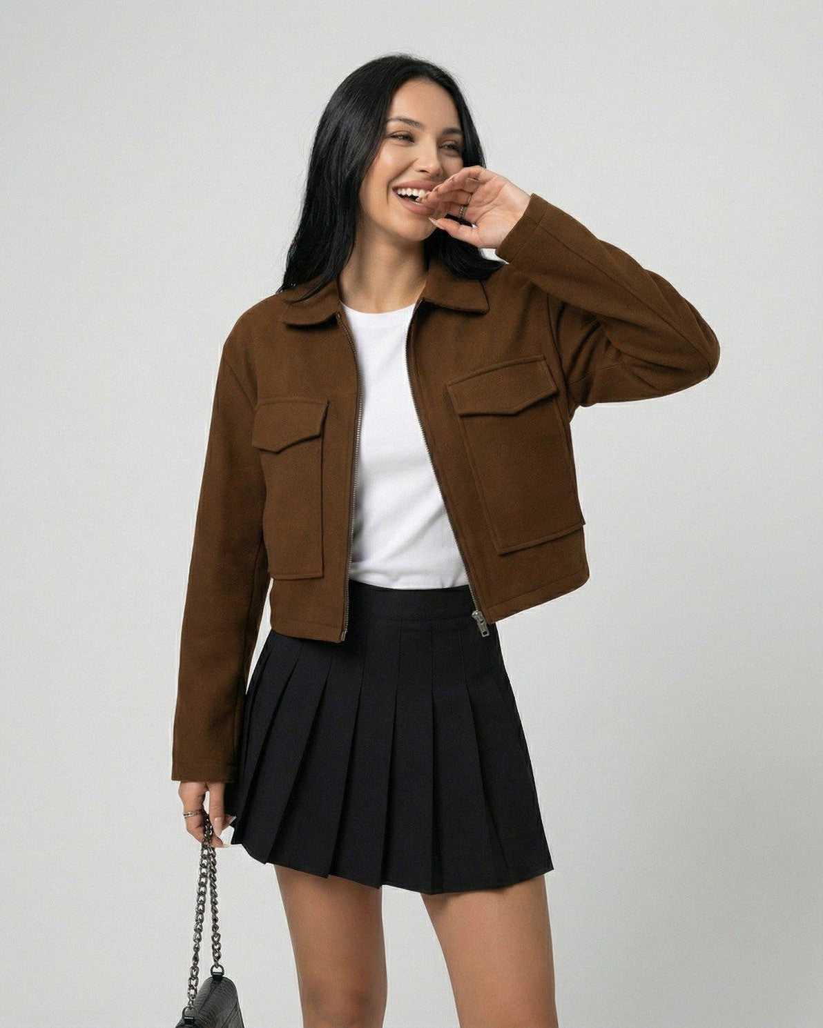 Sahara Jacket by Lauven – Women's brown jacket with polo collar, featuring clean lines and versatile styling.