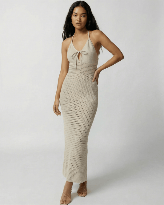 Lauven Sahara Maxi Dress - Crochet Halter Neck Maxi Dress in soft neutral tone, perfect for warm-weather styling.