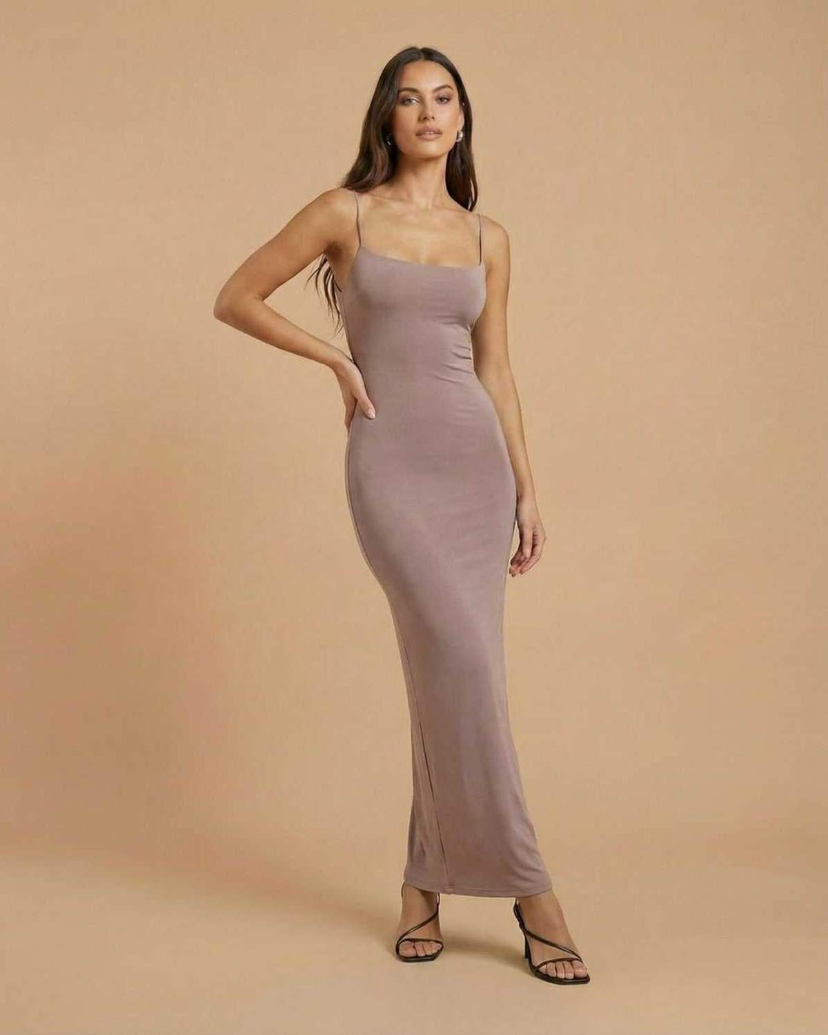 Sahara Maxi Dress by Lauven, taupe backless maxi dress with spaghetti straps for elegant occasions.