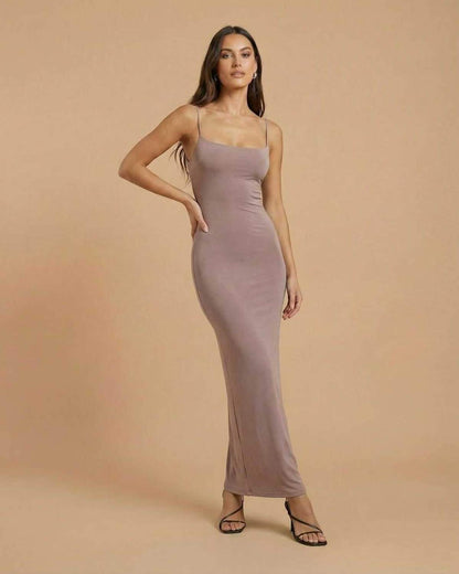 Sahara Maxi Dress by Lauven, taupe backless maxi dress with spaghetti straps for elegant occasions.