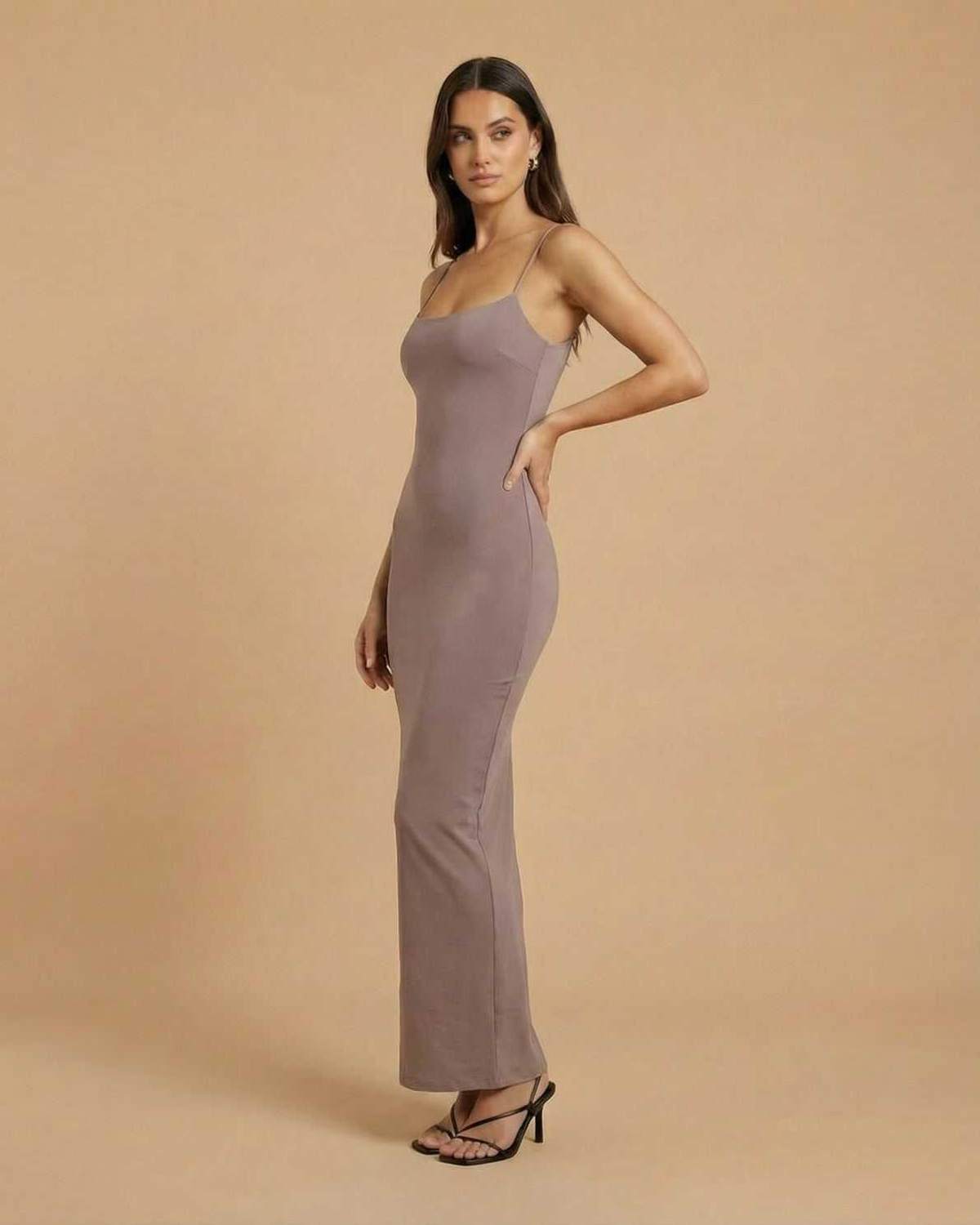 Sahara Maxi Dress by Lauven, taupe backless maxi dress with spaghetti straps, perfect for elegant occasions.