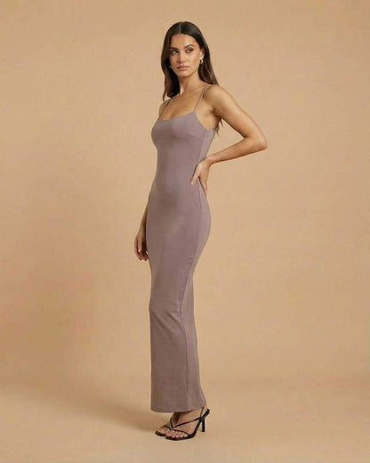 Sahara Maxi Dress by Lauven, taupe backless maxi dress with spaghetti straps, perfect for elegant occasions.