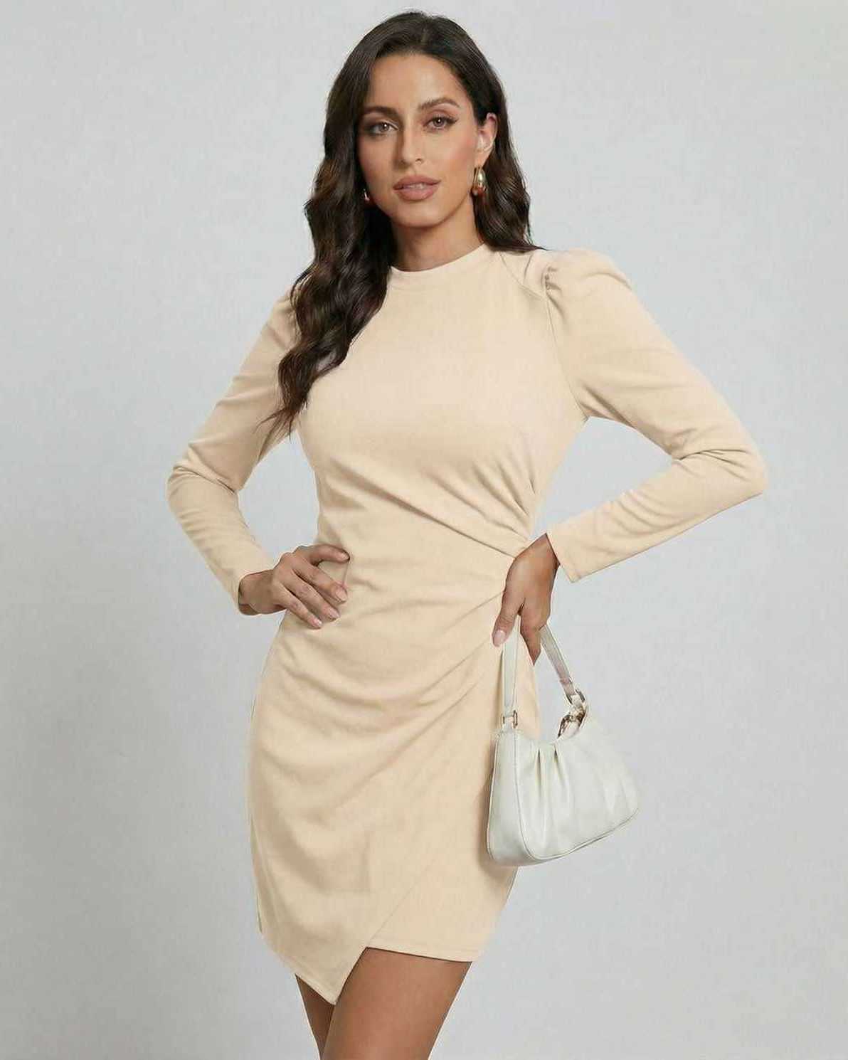 Sahara Mini Dress by Lauven in warm beige featuring A-line silhouette and long sleeves for a sophisticated look.