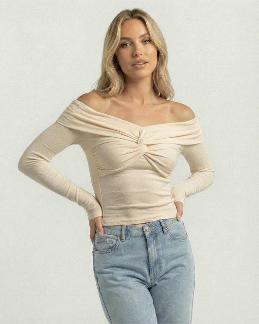 Sahara Top by Lauven – Women's beige off the shoulder long sleeve top in ribbed stretch knit.