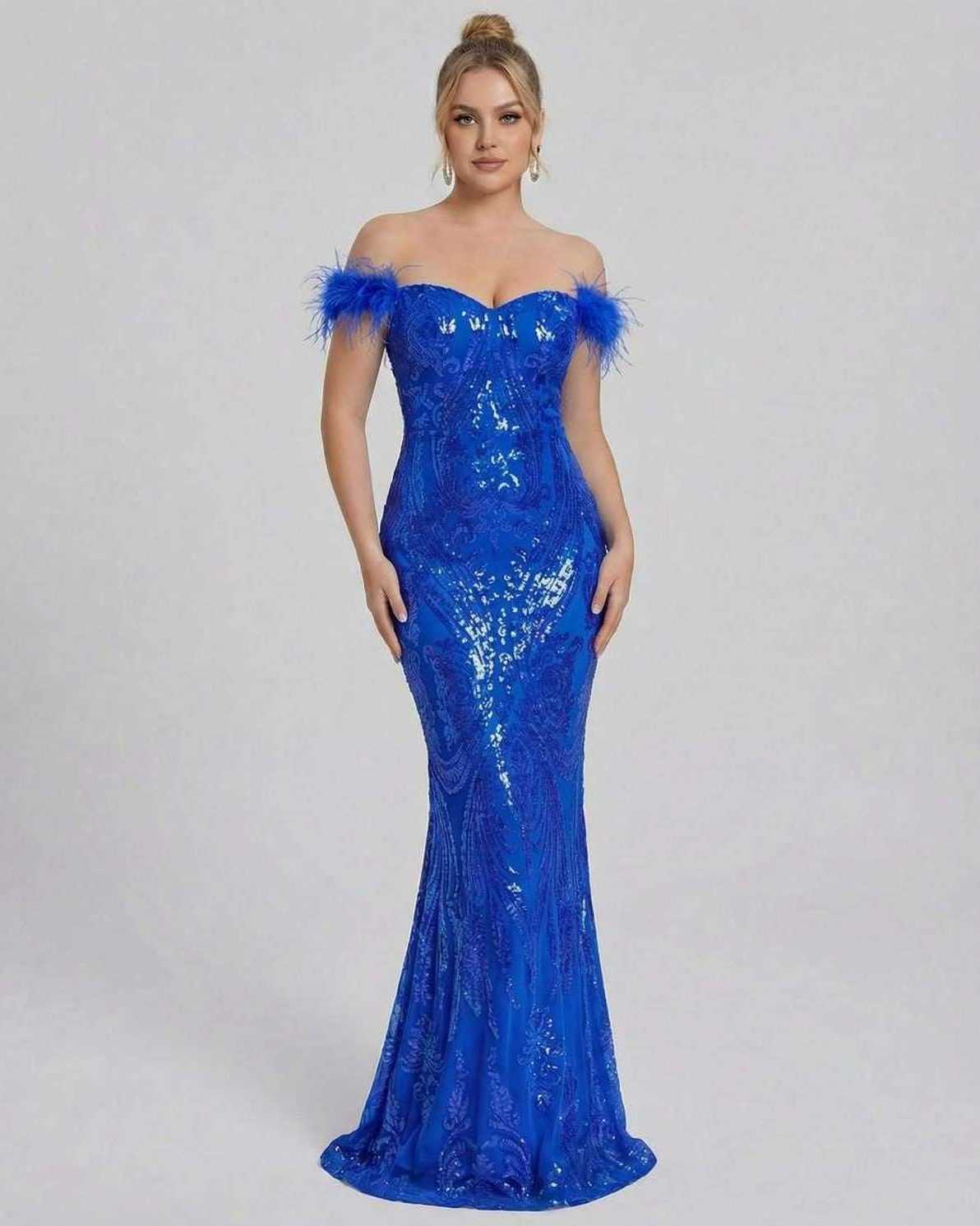 Sapphire Maxi Dress by Lauven, a stunning blue off-shoulder sequin formal maxi dress.
