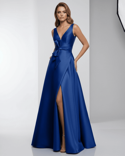 Sapphire Maxi Dress - Satin A-Line V-Neck evening dress by Lauven, featuring elegant blue satin and a thigh-high slit.