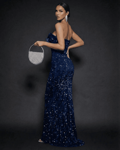 Sapphire Maxi Dress by Lauven - Strapless sequin maxi party dress showcasing elegance and glamour.