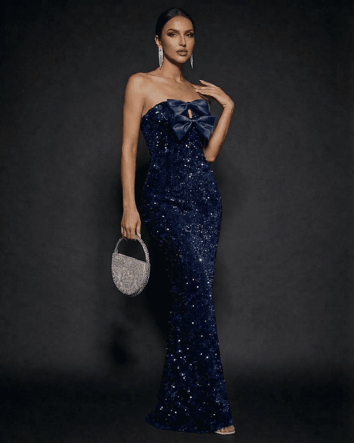 Sapphire Maxi Dress by Lauven - Strapless sequined dress with satin bow, perfect for glamorous parties.