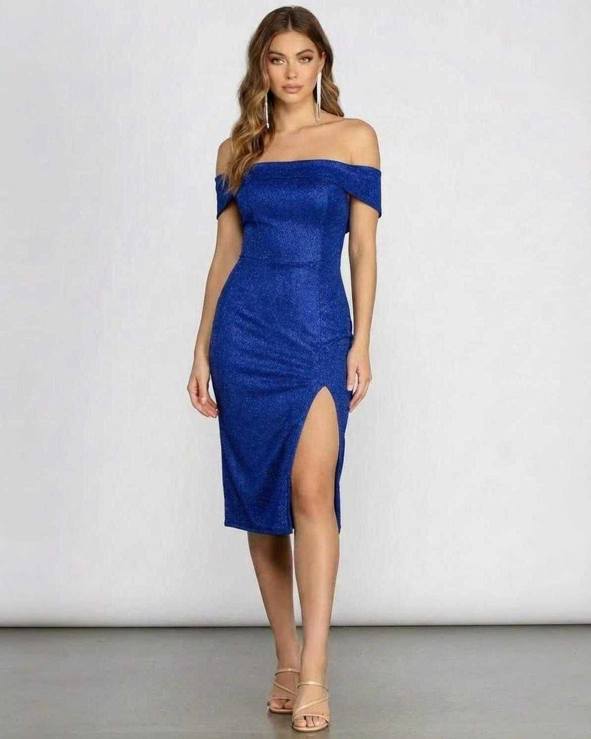Sapphirea Midi Dress by Lauven, an off shoulder glitter midi dress featuring a front slit in a rich blue shade.