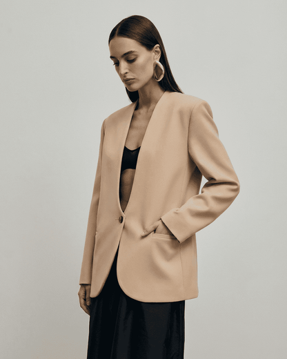 Savona Blazer by Lauven, modern women's fitted beige blazer with V-neck and sleek silhouette.