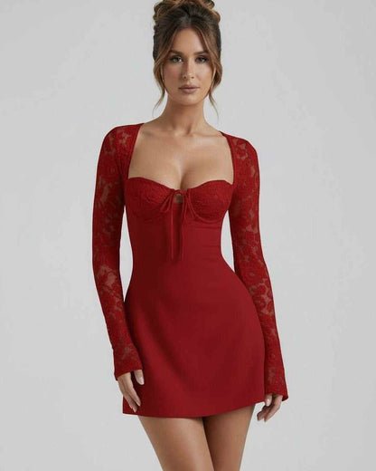 Scarlet Lace Dress by Lauven – Red lace sleeve mini dress with square neck and fitted silhouette.