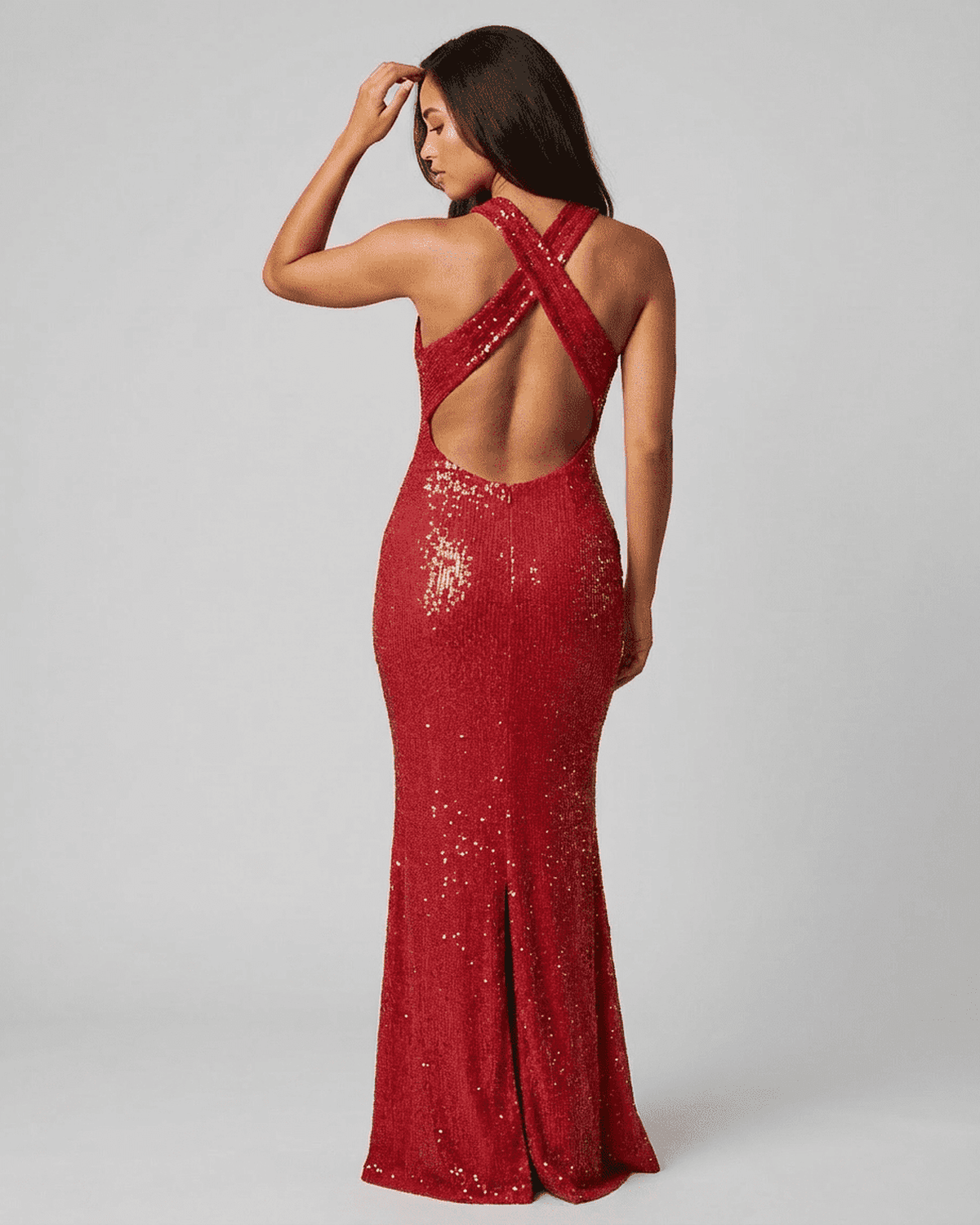 Scarlet Maxi Dress by Lauven, showcasing a backless design with sequins and a V-neck silhouette.