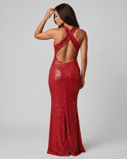 Scarlet Maxi Dress by Lauven, showcasing a backless design with sequins and a V-neck silhouette.