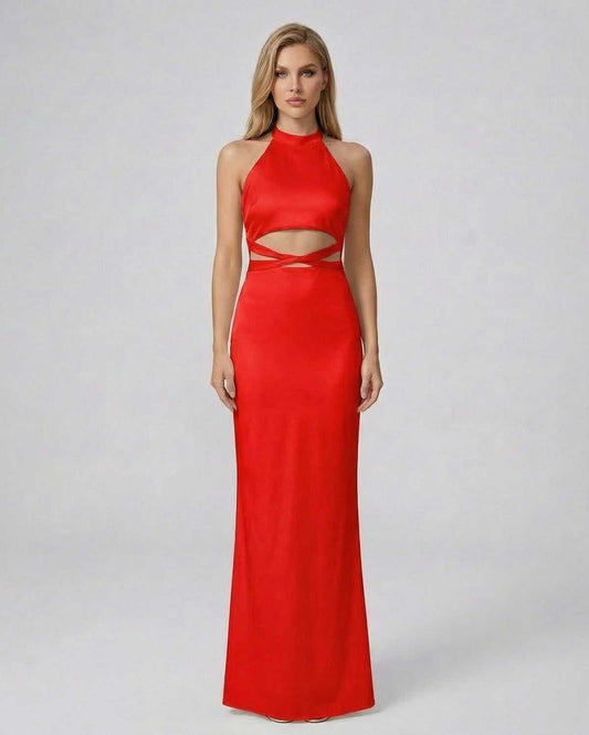 Scarlet Maxi Dress by Lauven - Sleek halter neck bodycon maxi dress in solid red with waist cutout detail.