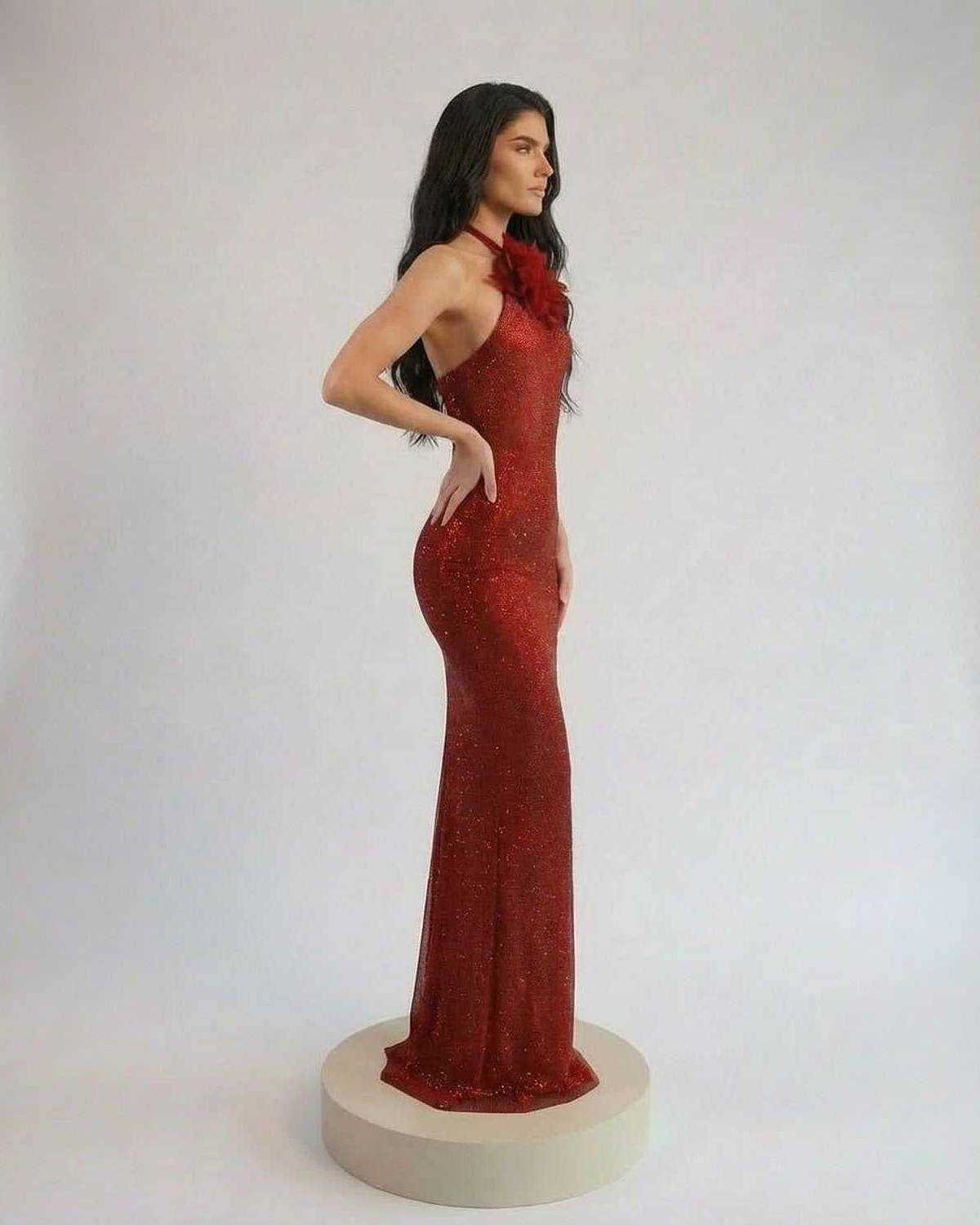 Scarlet Maxi Dress by Lauven featuring a halter neck and floral detail in a stunning red shimmer finish.