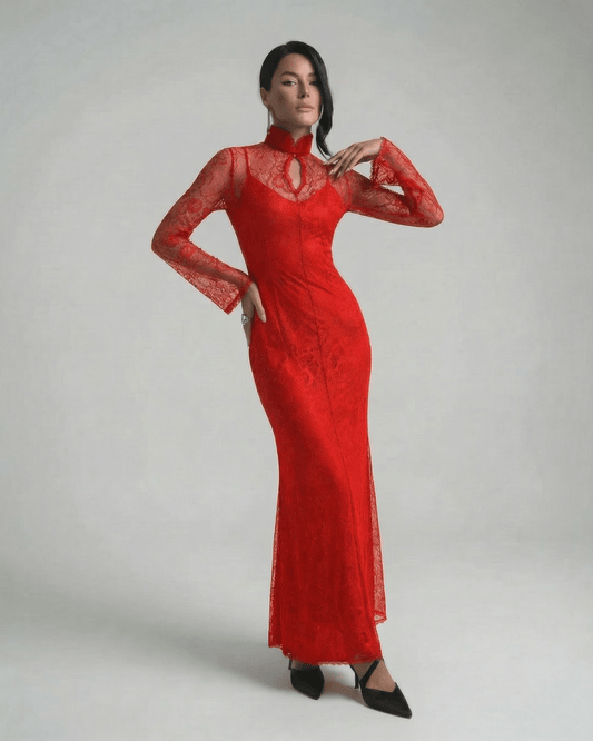 Scarlet Maxi Dress by Lauven featuring a striking red lace bodycon design with stand collar and long sleeves.