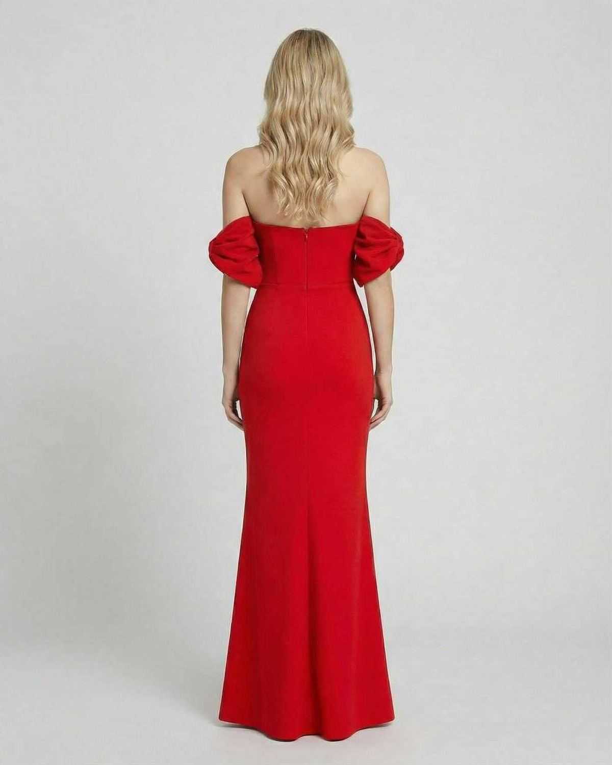 Scarlet Maxi Dress by Lauven - Off-shoulder bodycon maxi dress showcasing the sleek back design in vibrant red.