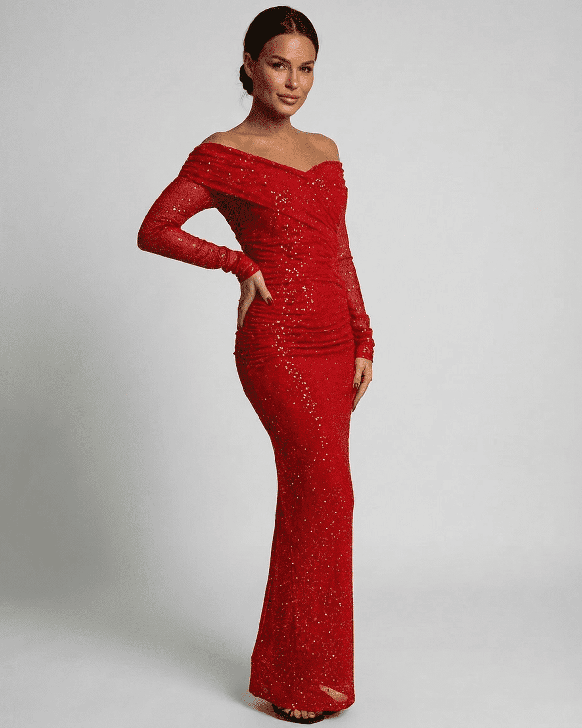 Scarlet Maxi Dress by Lauven, elegant off-the-shoulder sequined gown, showcasing a flattering ruched silhouette.